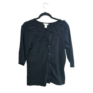 Christopher & Banks Black Beaded 3/4 Sleeve Cardigan Sweater Top Womans Sz Large